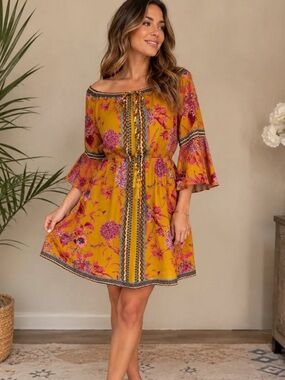 Jealous Tomato Mustard & Pink Floral Bohemian Off Shoulder Dress